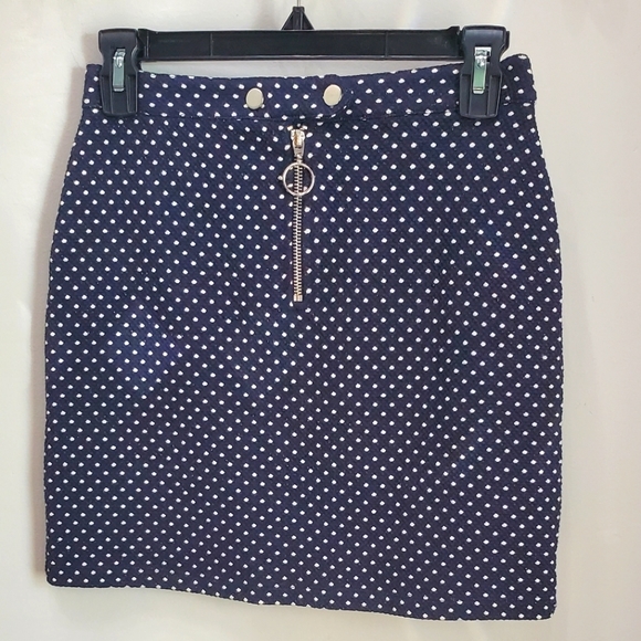 TOPSHOP NAVY BLUE POLKA MINI SKIRT WITH ACCENT ZIPPER - Picture 1 of 7